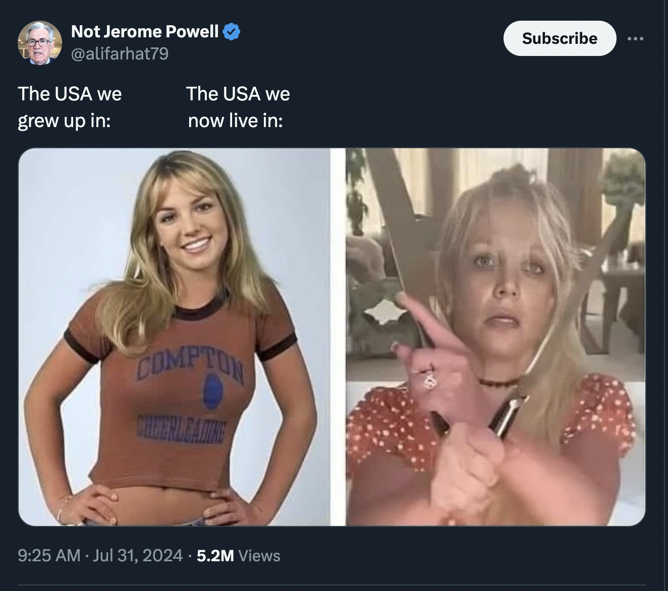 britney spears meme funny - Not Jerome Powell The Usa we The Usa we grew up in now live in Compton Celebrate 5.2M Views Subscribe